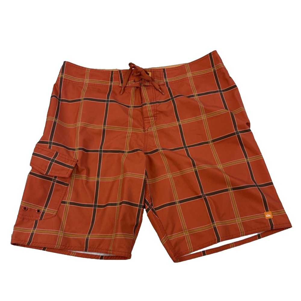 Quiksilver Waterman Collection Mens Burnt Orange Plaid‎ Board Shorts Cargo 38x10